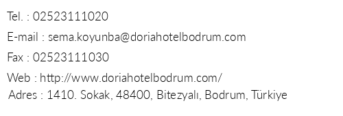 Doria Hotel Bodrum telefon numaraları, faks, e-mail, posta adresi ve iletişim bilgileri